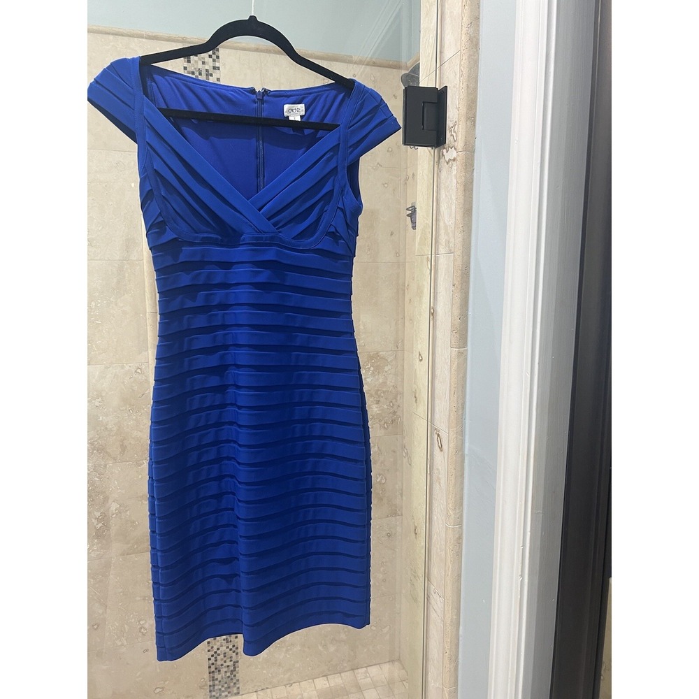 Cache Blue Thick Stretch Bandage Dress 2 Cap Sleeve Bodycon Cocktail V-Neck - Picture 3 of 12